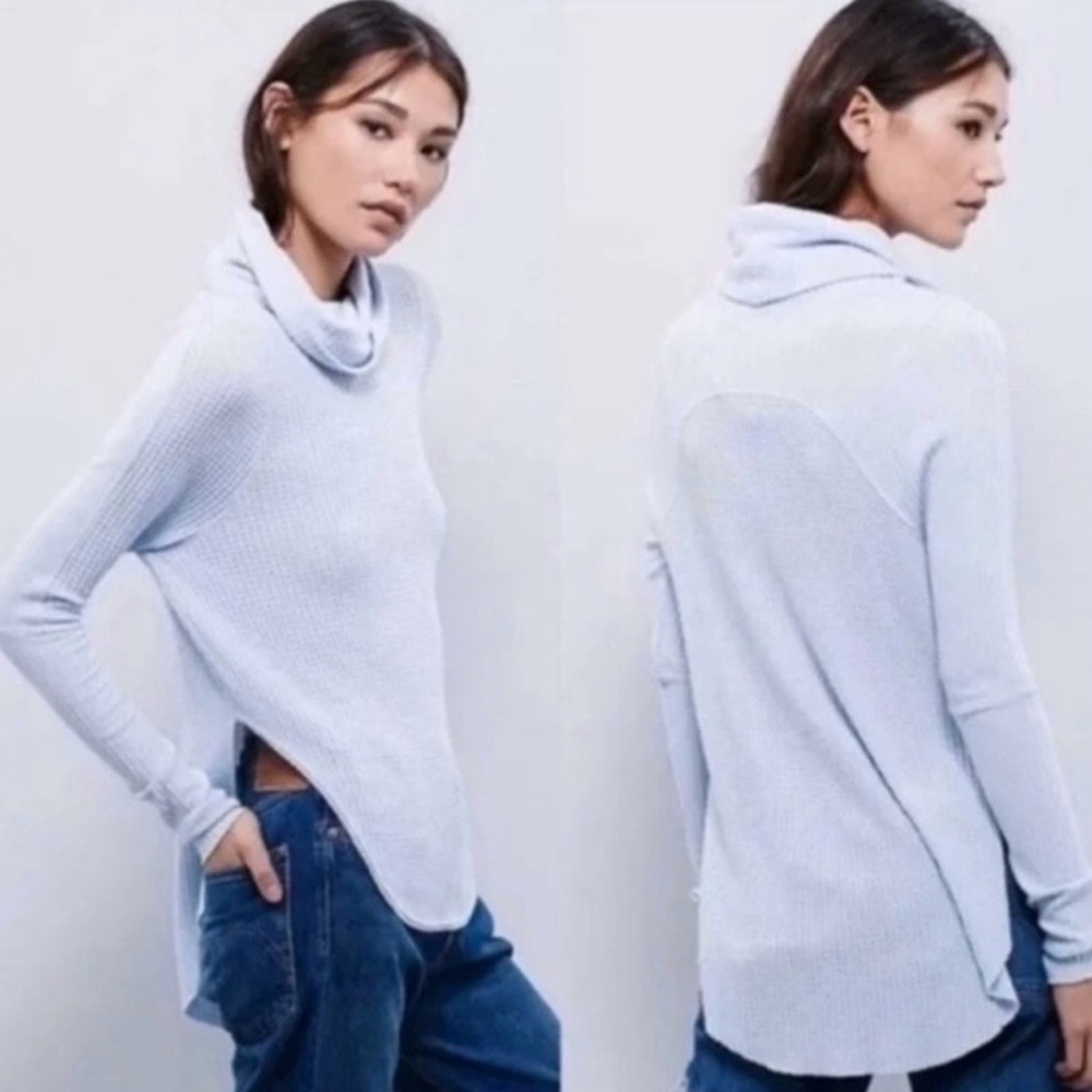 FREE PEOPLE Kristina Drippy Thermal Sweater Top High Low Hem Rayon White  XS
